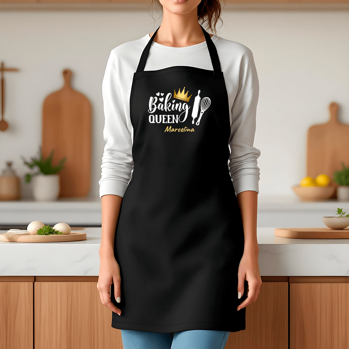 Fartuch kuchenny z nadrukiem BAKING QUEEN - spersonalizowany prezent dla niej - idamell.com