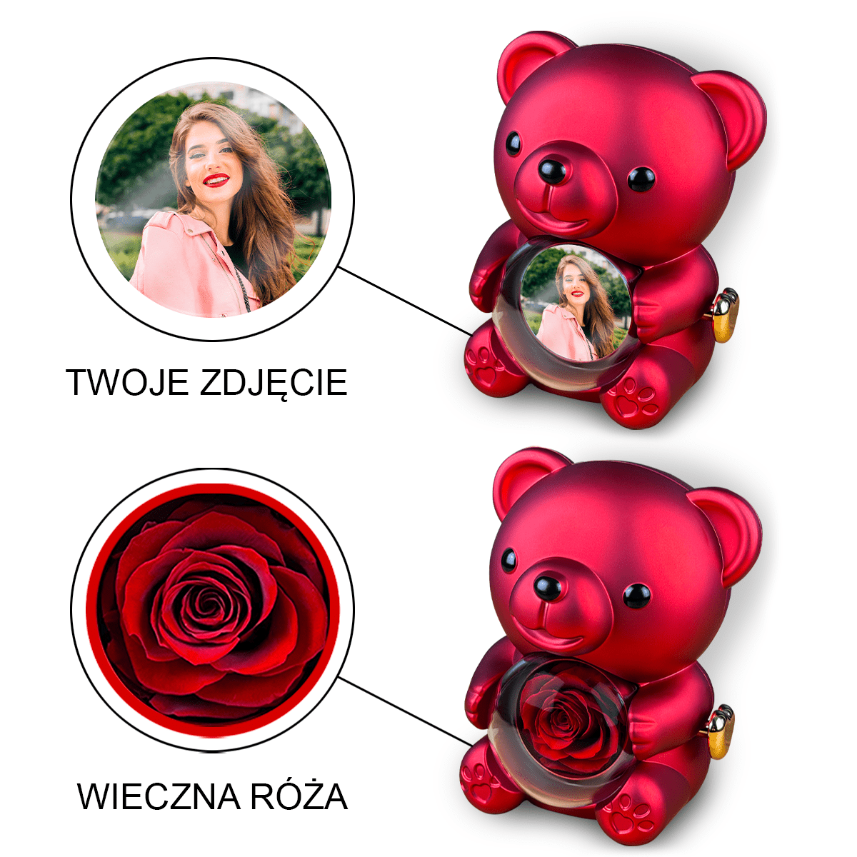 Fotografia dziewczyny - Miś z różą wieczną i wydrukiem, spersonalizowany prezent dla niej - idamell.com