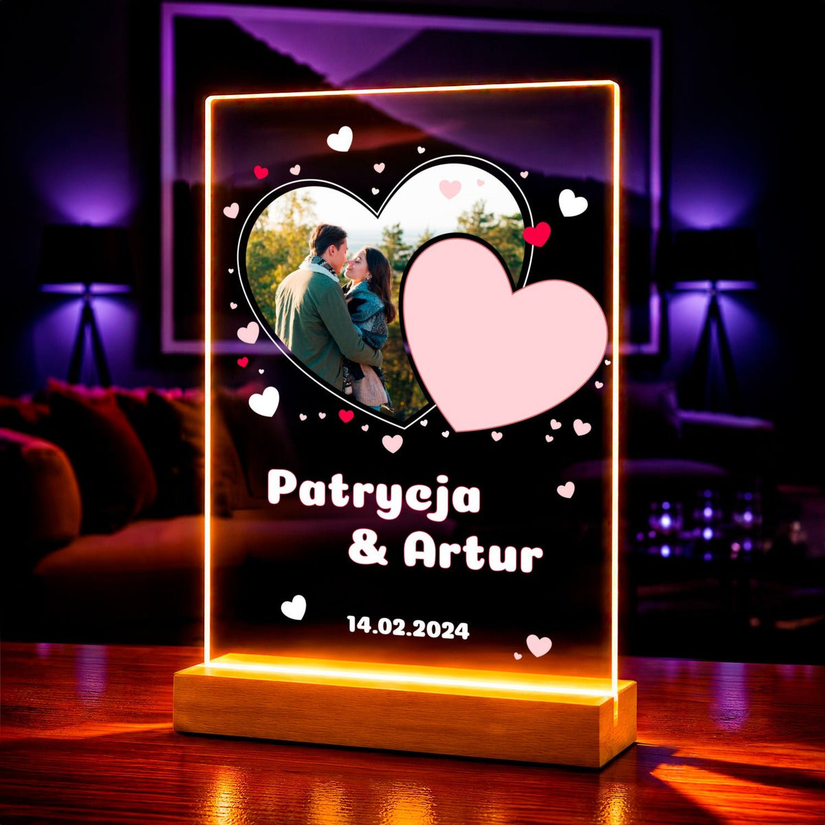 Fotografia w sercu + imiona - Druk na szkle, spersonalizowany prezent dla pary - idamell.com