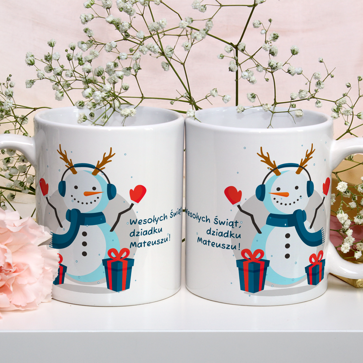 Zimowa grafika + życzenia - 1x Kubek z nadrukiem, spersonalizowany prezent dla dziadka - idamell.com