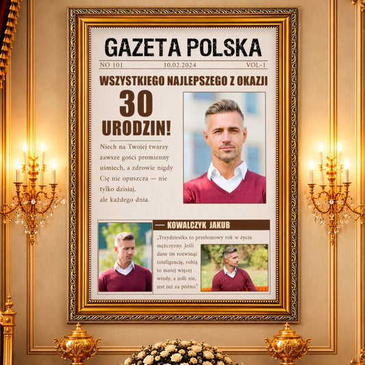Kolaż ze zdjęć na płótnie Gazeta na trzydziestkę — prezent na urodziny