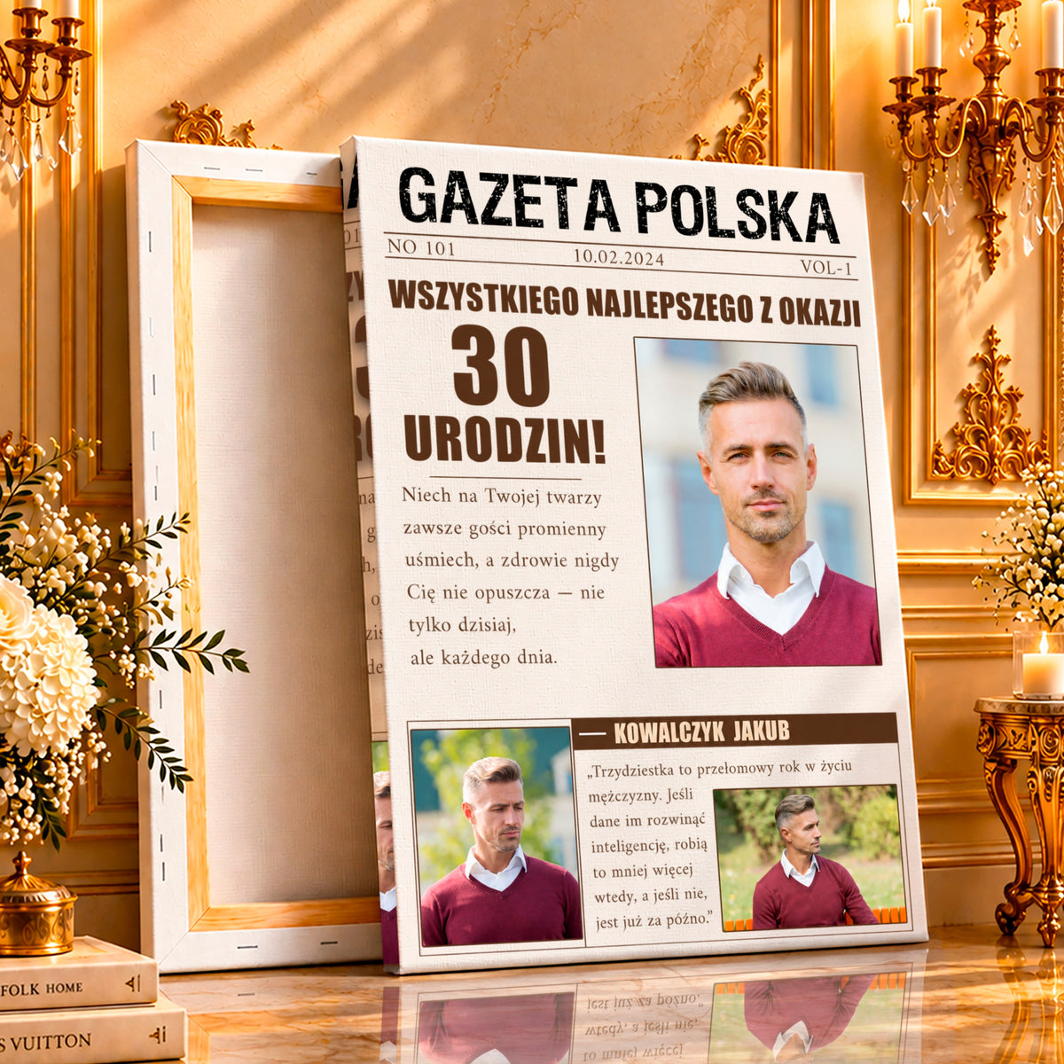 Kolaż ze zdjęć na płótnie Gazeta na trzydziestkę — prezent na urodziny