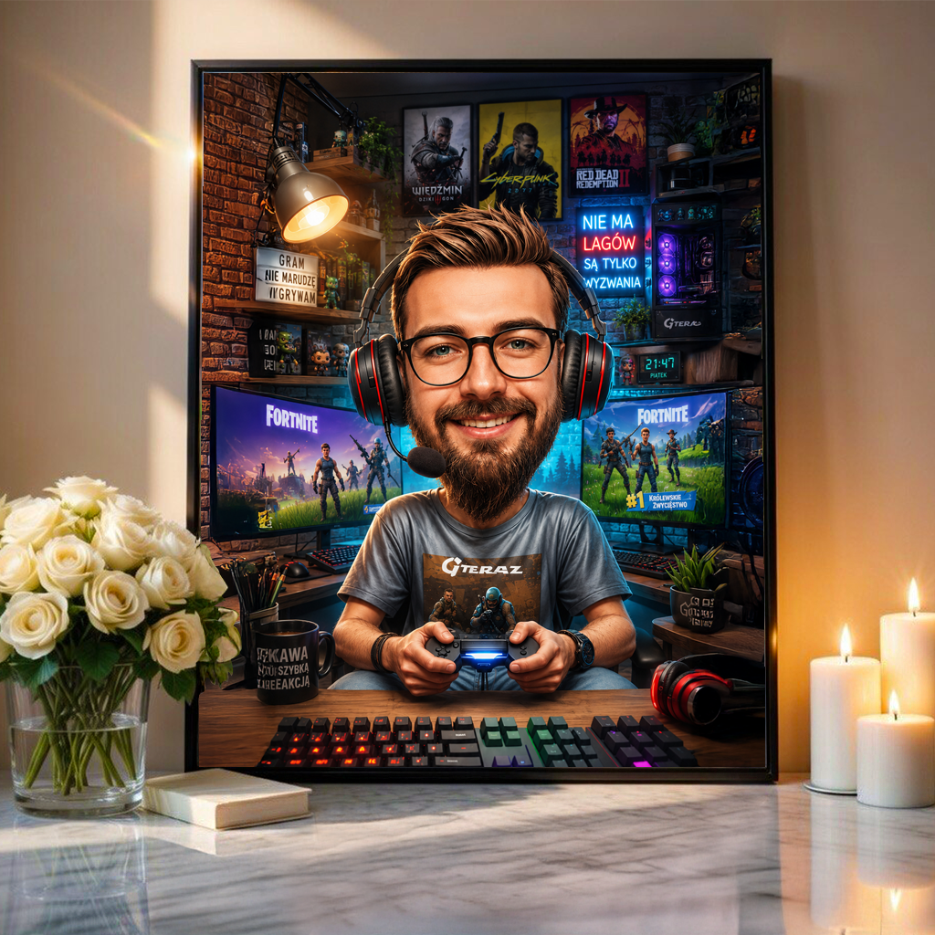 Gracz karykatura - plakat, spersonalizowany prezent dla niego - idamell.com