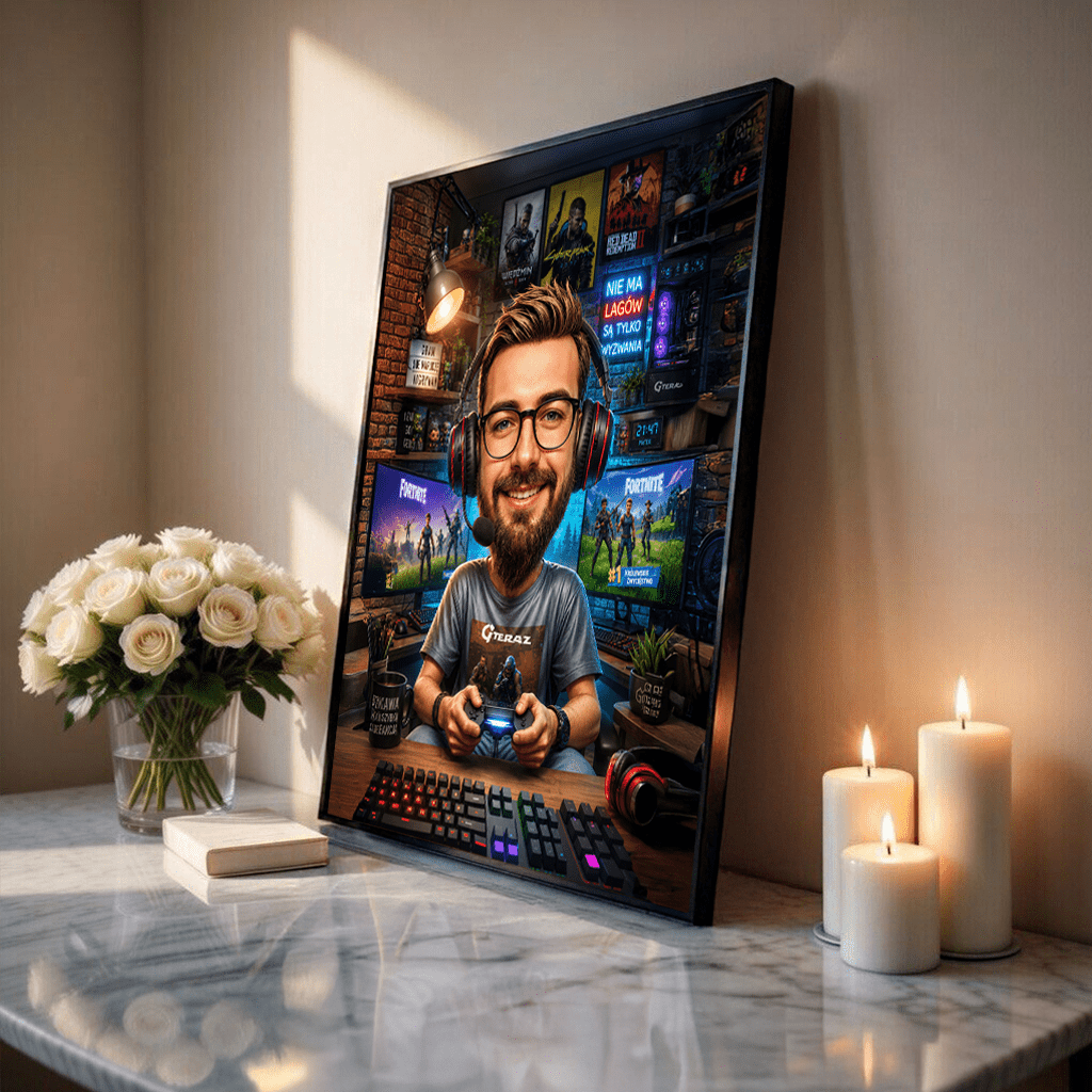 Gracz karykatura - plakat, spersonalizowany prezent dla niego - idamell.com