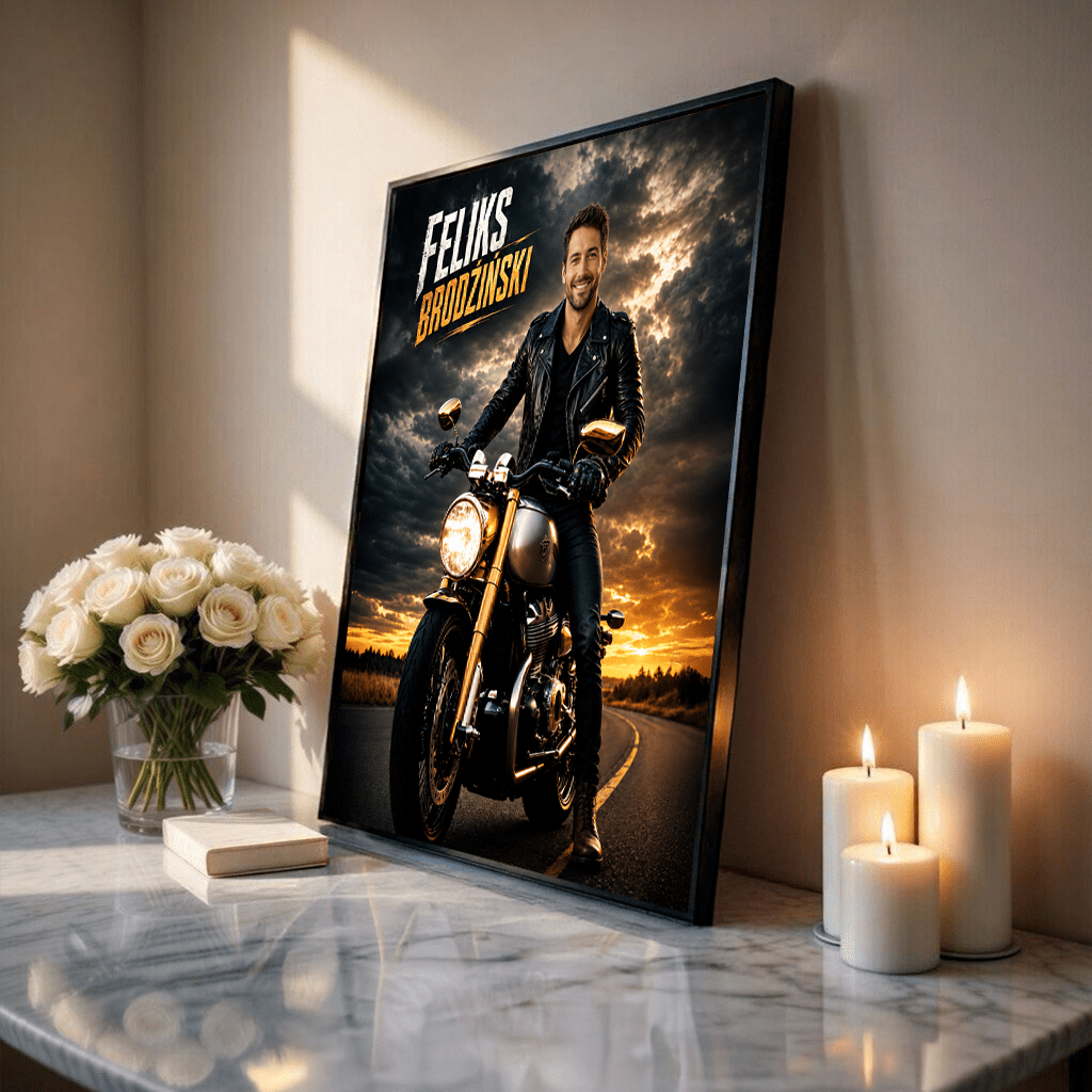 Grafika motocyklisty + imię - plakat, spersonalizowany prezent dla mężczyzny - idamell.com