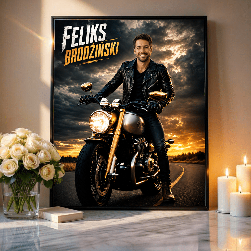 Grafika motocyklisty + imię - plakat, spersonalizowany prezent dla mężczyzny - idamell.com
