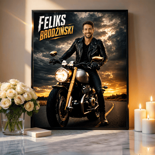 Grafika motocyklisty + imię - plakat, spersonalizowany prezent dla mężczyzny - idamell.com