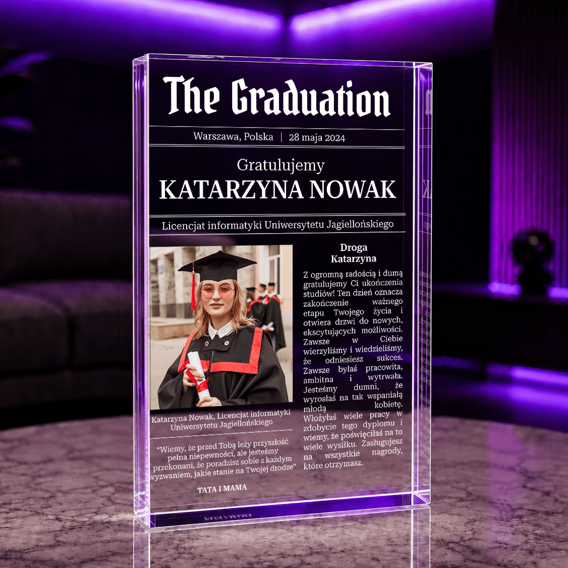 Gratulacje dla absolwenta zakończenie studiów - Druk na szkle, spersonalizowany prezent dla absolwenta - idamell.com