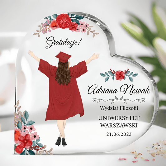 Gratulacje na zakończenia studiów - Szklane serce, spersonalizowany prezent dla absolwenta - idamell.com