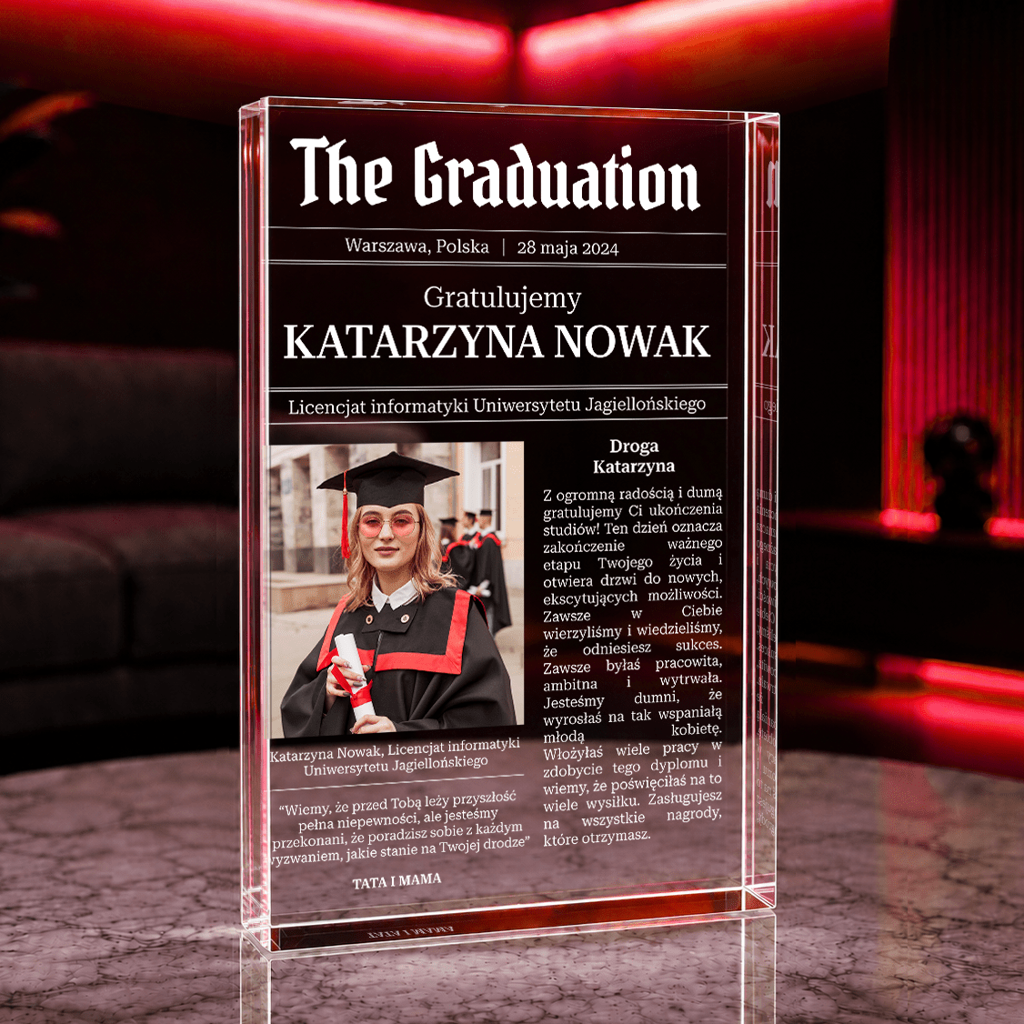 Gratulacje na zakończenie studiów - Druk na szkle, spersonalizowany prezent dla absolwenta - idamell.com