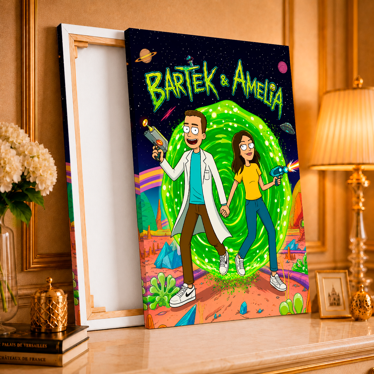 Ilustracja pary w stylu Rick & Morty - druk na płótnie, spersonalizowany prezent dla pary - idamell.com