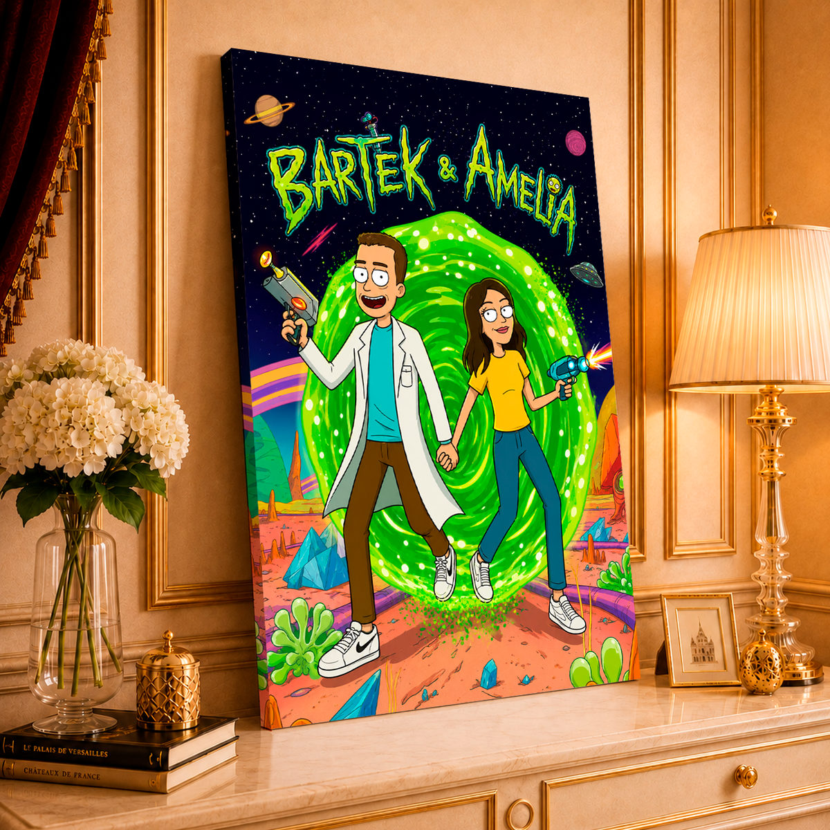 Ilustracja pary w stylu Rick & Morty - druk na płótnie, spersonalizowany prezent dla pary - idamell.com