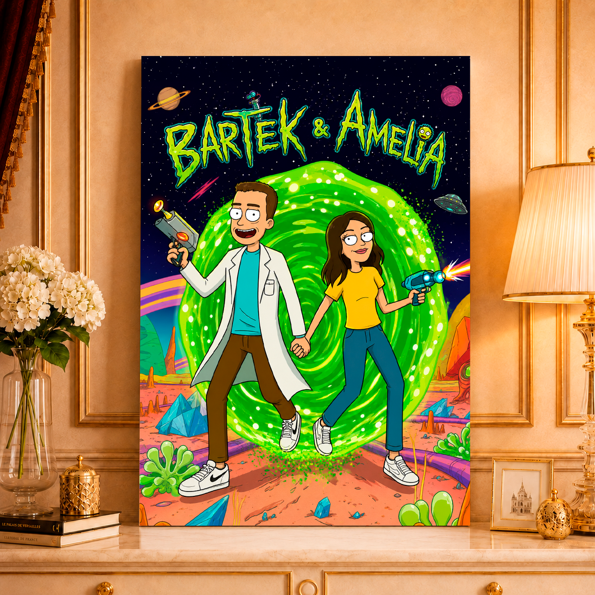 Ilustracja pary w stylu Rick & Morty - druk na płótnie, spersonalizowany prezent dla pary - idamell.com