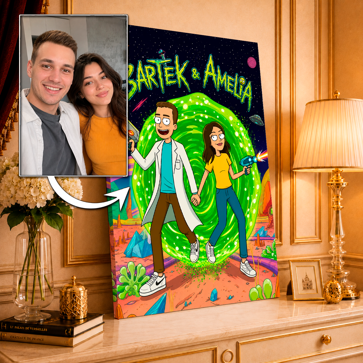 Ilustracja pary w stylu Rick & Morty - druk na płótnie, spersonalizowany prezent dla pary - idamell.com