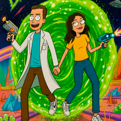 Ilustracja pary w stylu Rick & Morty - druk na płótnie, spersonalizowany prezent dla pary - idamell.com