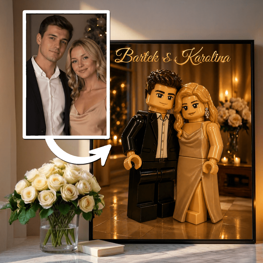 Ilustracja w stylu Lego - plakat, spersonalizowany prezent dla pary - idamell.com