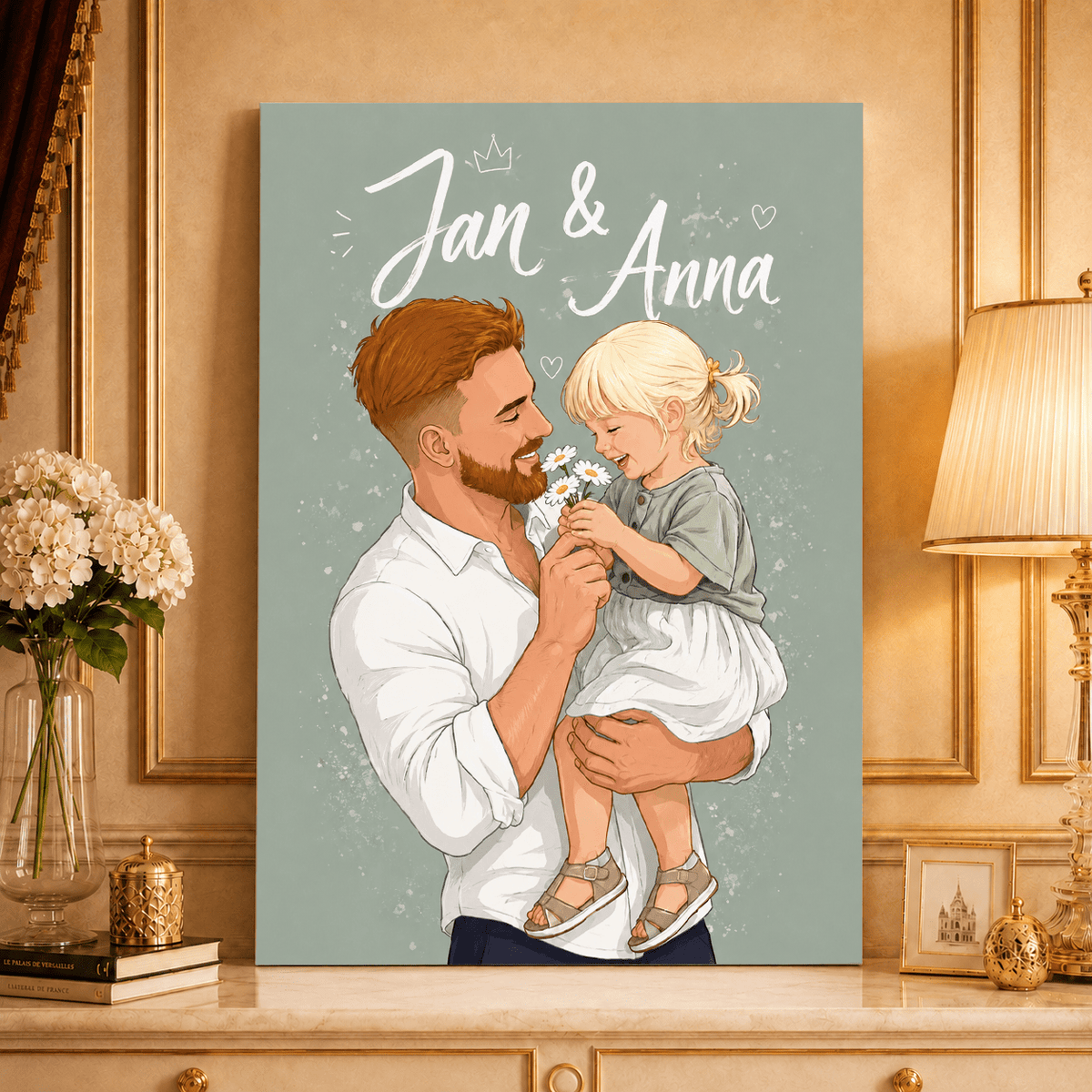 Ilustracja z tatą + napis - druk na płótnie, spersonalizowany prezent dla taty - idamell.com