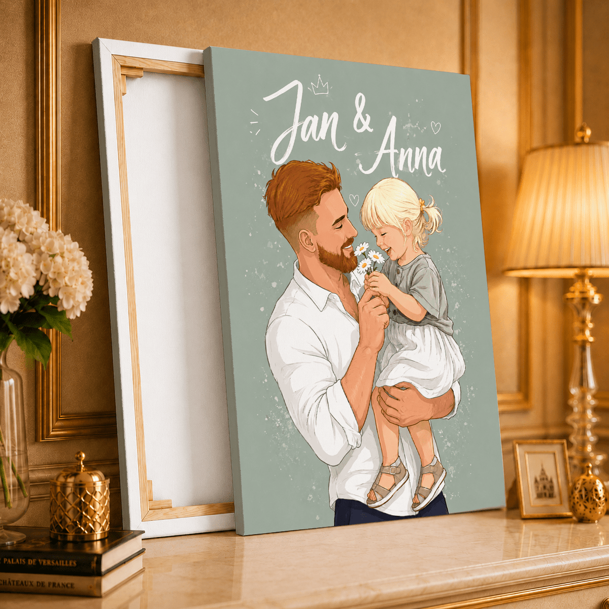 Ilustracja z tatą + napis - druk na płótnie, spersonalizowany prezent dla taty - idamell.com
