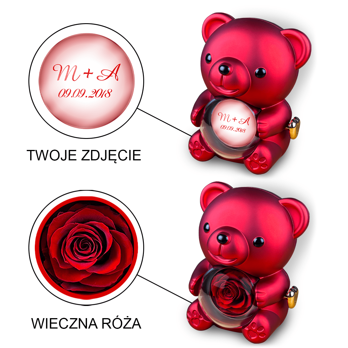 Inicjały + data - Miś z różą wieczną i wydrukiem, spersonalizowany prezent dla niej - idamell.com