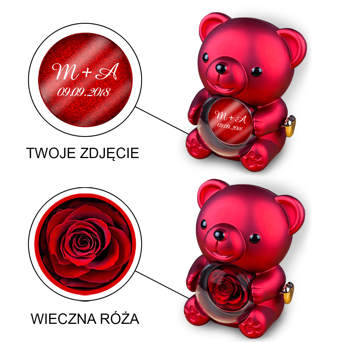 Inicjały + data - Miś z różą wieczną i wydrukiem, spersonalizowany prezent dla niej - idamell.com