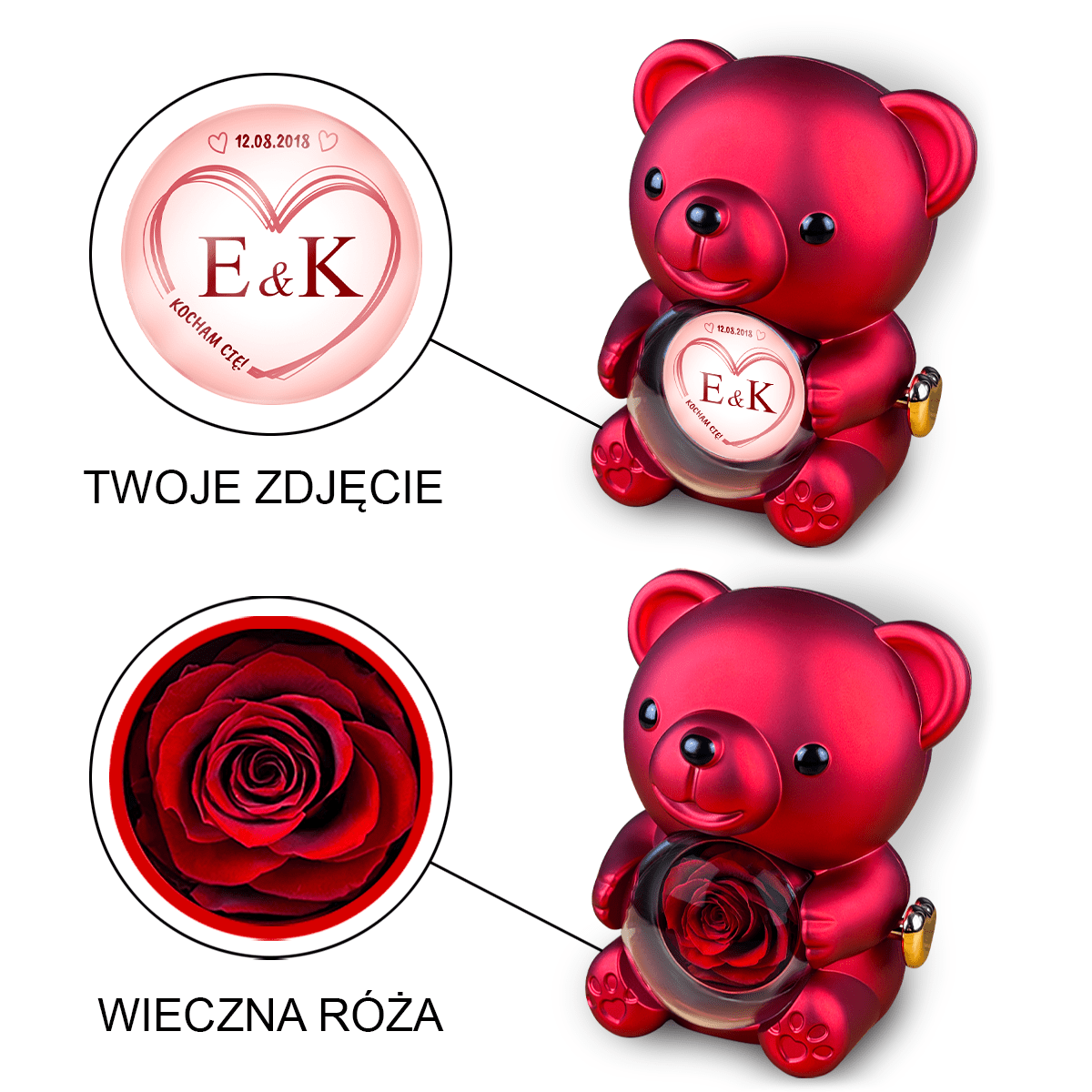 Inicjały pary + data - Miś z różą wieczną i wydrukiem, spersonalizowany prezent dla niej - idamell.com