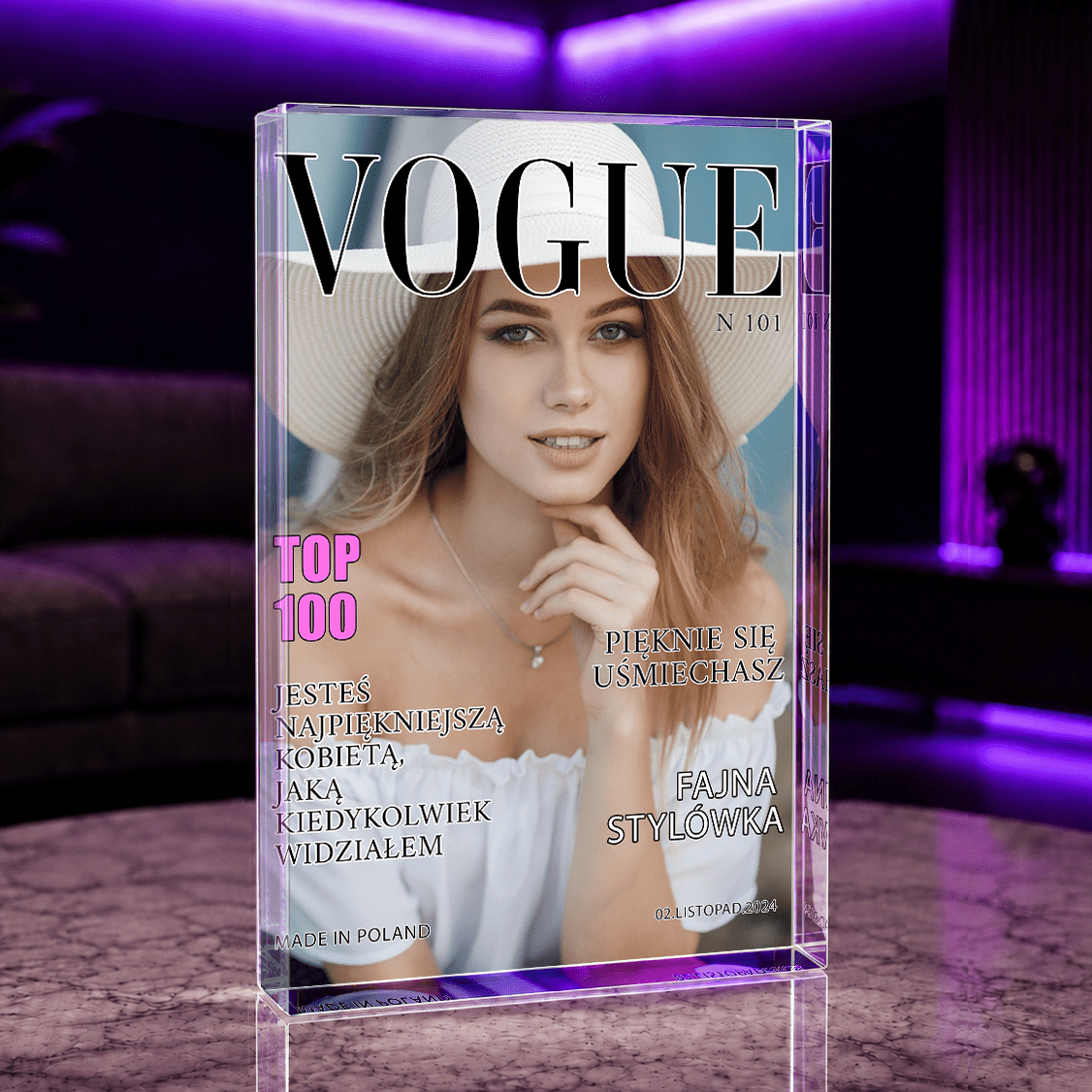 Jak z okładki - Druk na szkle, spersonalizowany prezent dla niej - idamell.com