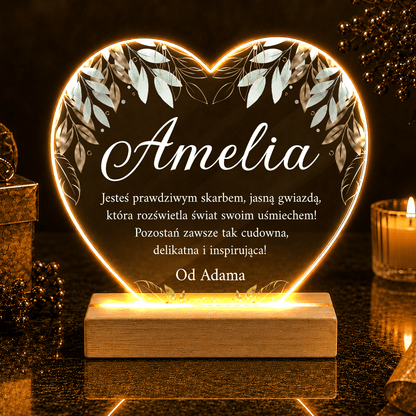 Jej imię + życzenia - Druk na szkle serce, spersonalizowany prezent dla niej - idamell.com