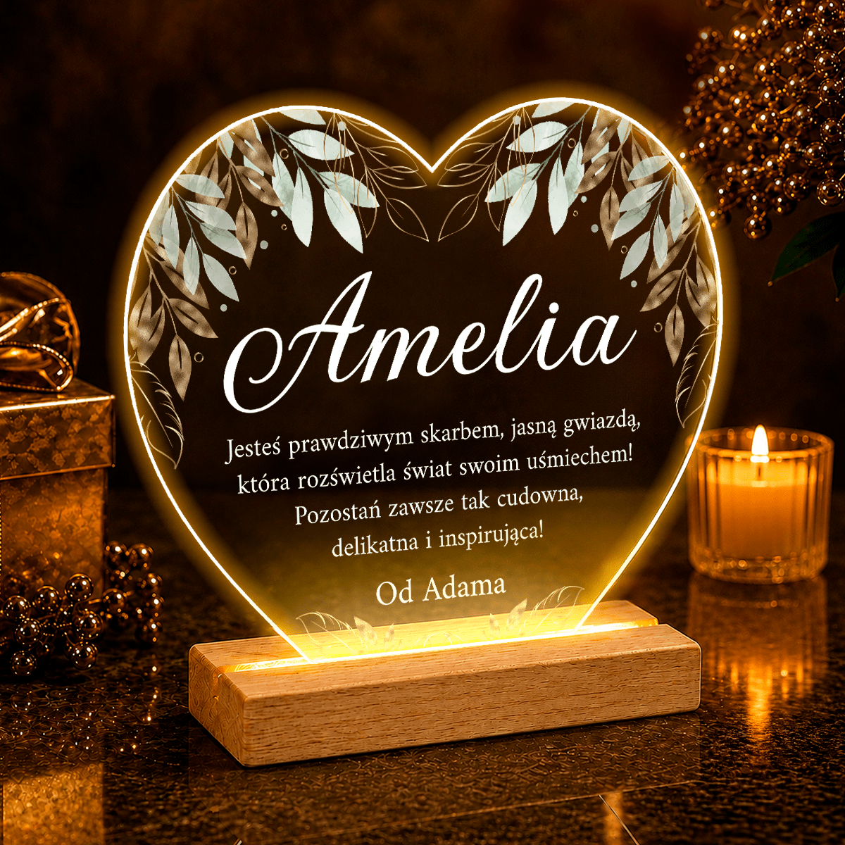 Jej imię + życzenia - Druk na szkle serce, spersonalizowany prezent dla niej - idamell.com