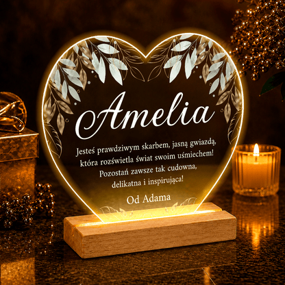 Jej imię + życzenia - Druk na szkle serce, spersonalizowany prezent dla niej - idamell.com