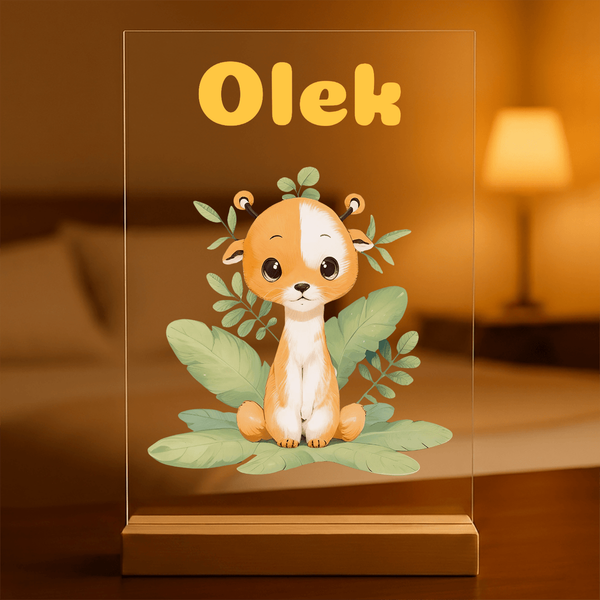 Jelonek grafika + imię dziecka - Druk na szkle z podstawką LED, spersonalizowany prezent dla dziecka - idamell.com