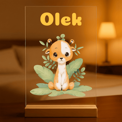 Jelonek grafika + imię dziecka - Druk na szkle z podstawką LED, spersonalizowany prezent dla dziecka - idamell.com
