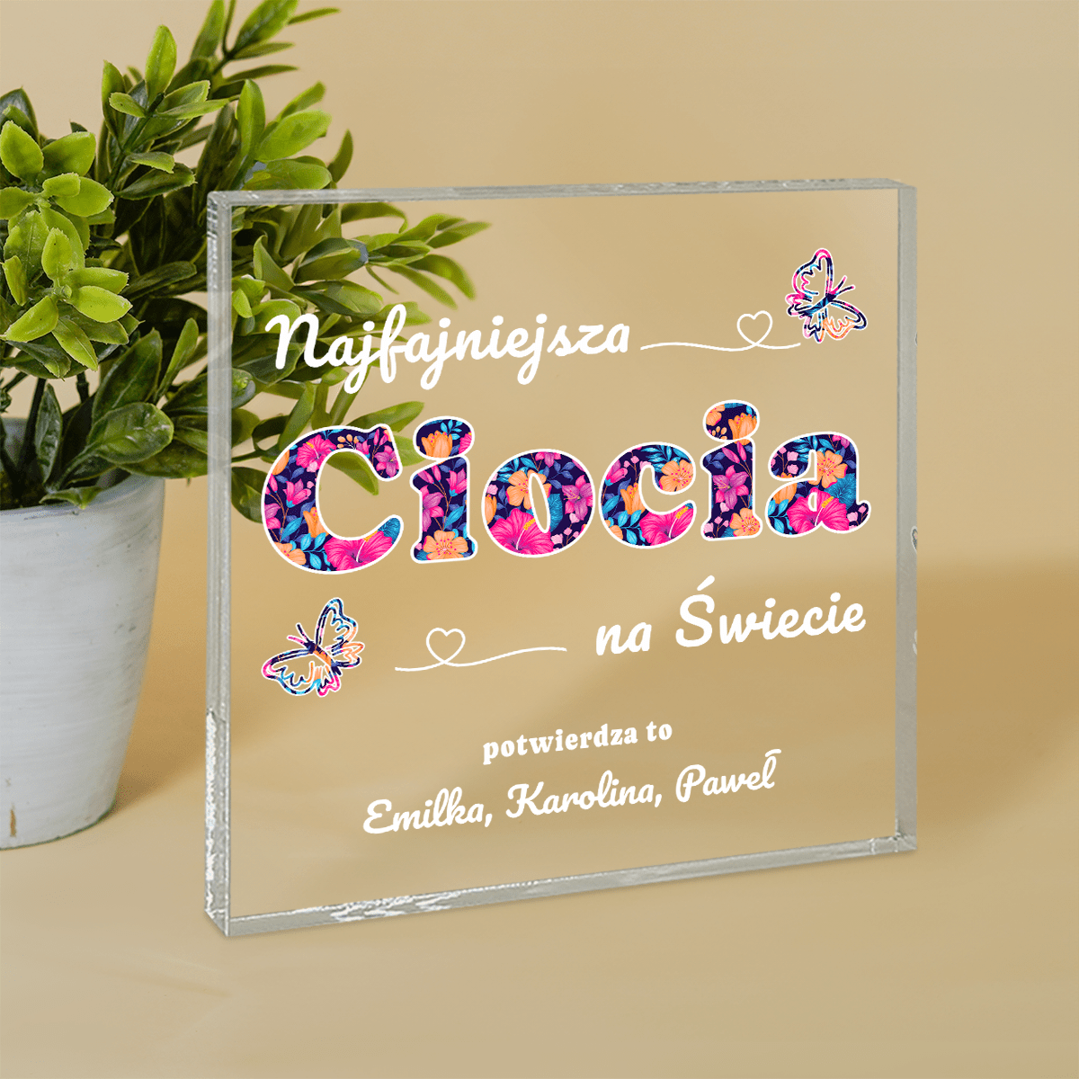 Jesteś najfajniejszą ciocią - Druk na kwadratowym szkle, spersonalizowany prezent dla cioci - idamell.com