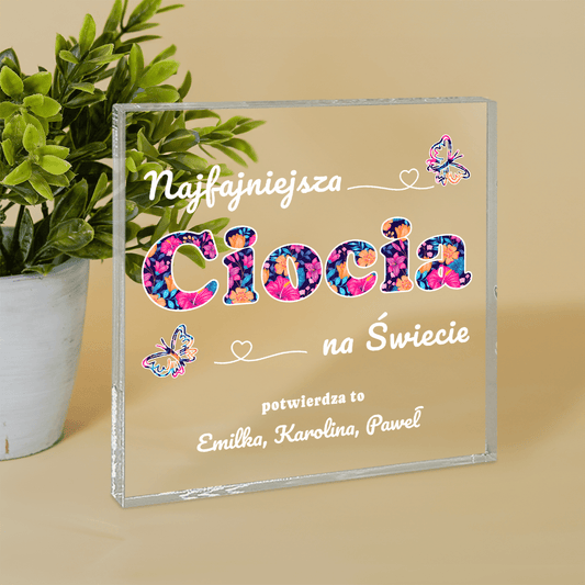 Jesteś najfajniejszą ciocią - Druk na kwadratowym szkle, spersonalizowany prezent dla cioci - idamell.com