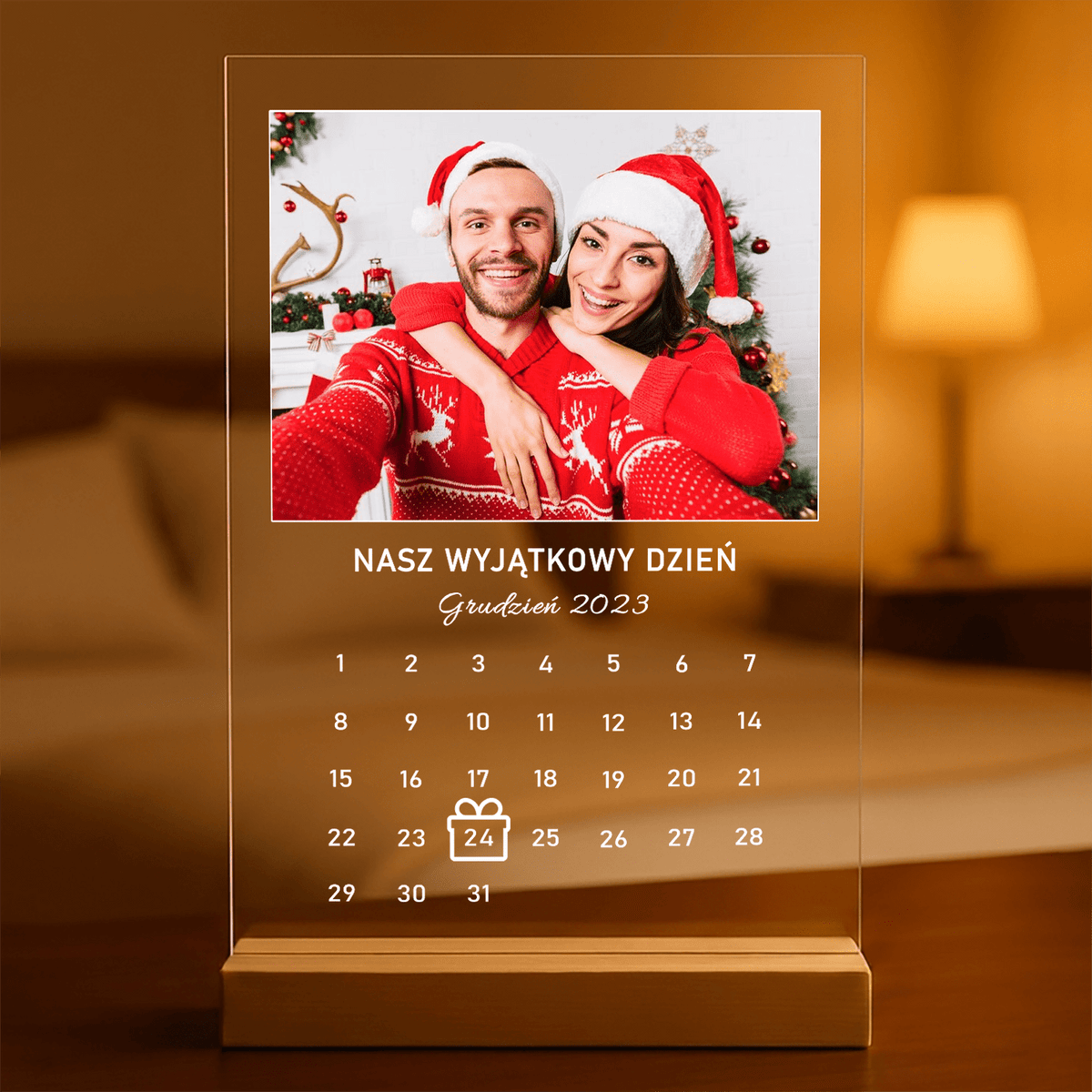 Kalendarz ze zdjęciem świątecznym - Druk na szkle, spersonalizowany prezent dla pary - idamell.com