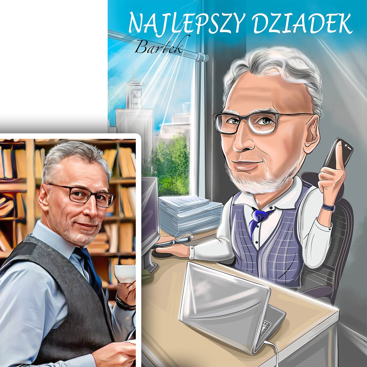 Karykatura dziadka - druk na płótnie, spersonalizowany prezent dla dziadka - idamell.com