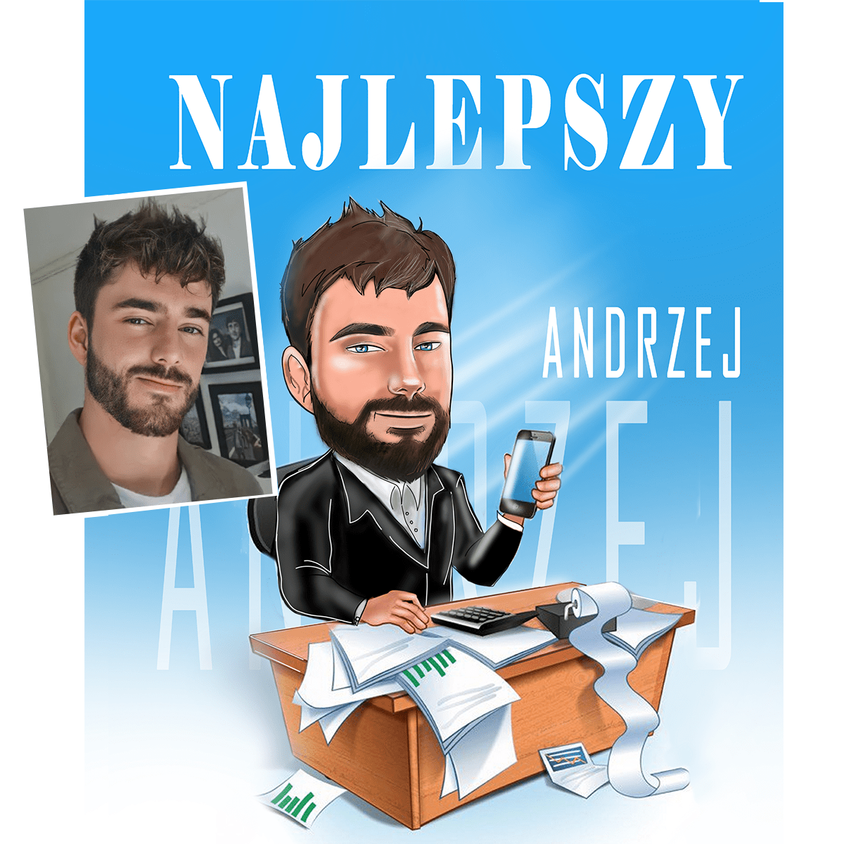 Karykatura + imię - druk na płótnie, spersonalizowany prezent dla niego - idamell.com