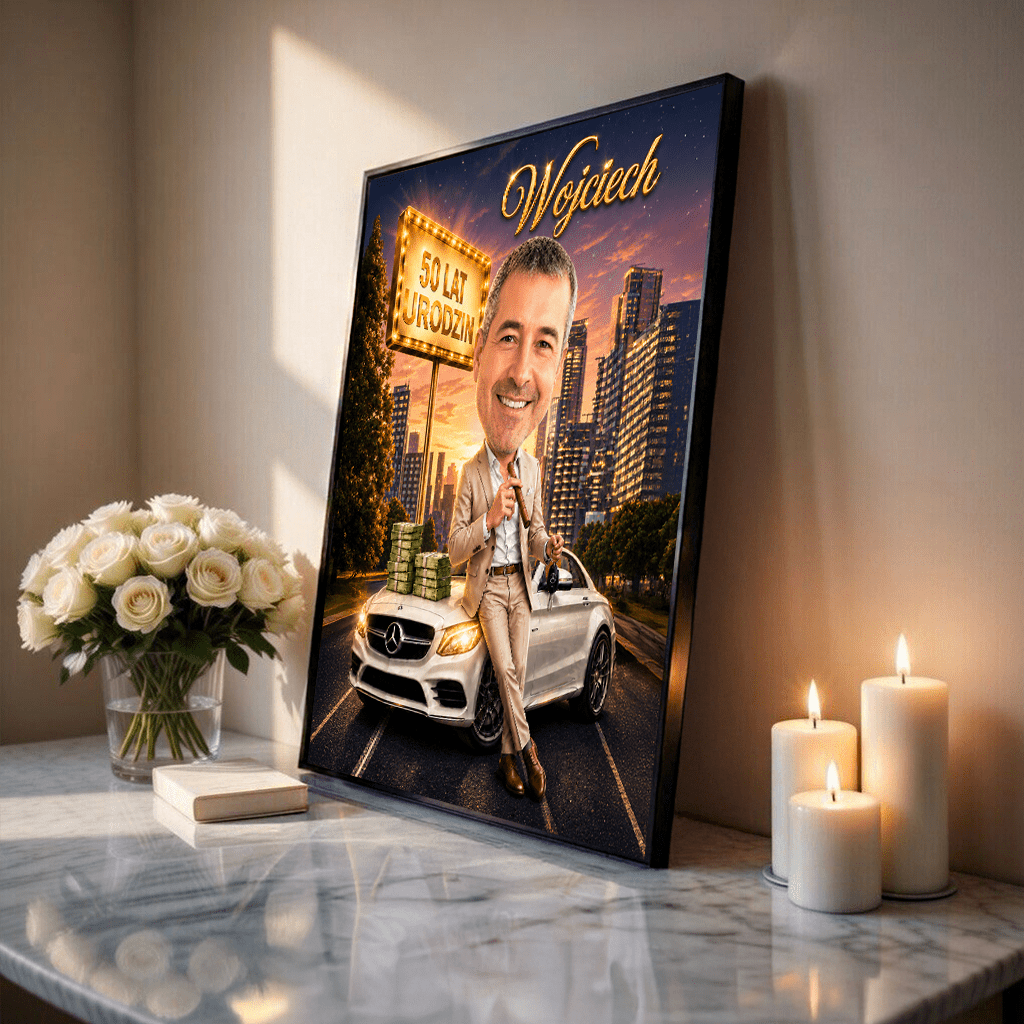 Karykatura mężczyzny na 50. - plakat, spersonalizowany prezent dla niego - idamell.com