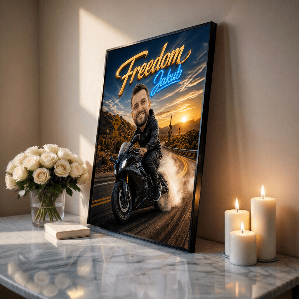 Karykatura motocyklisty - plakat, spersonalizowany prezent dla niego - idamell.com