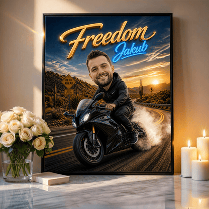 Karykatura motocyklisty - plakat, spersonalizowany prezent dla niego - idamell.com