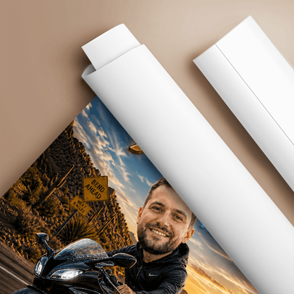 Karykatura motocyklisty - plakat, spersonalizowany prezent dla niego - idamell.com