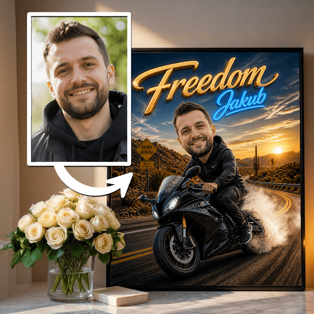 Karykatura motocyklisty - plakat, spersonalizowany prezent dla niego - idamell.com