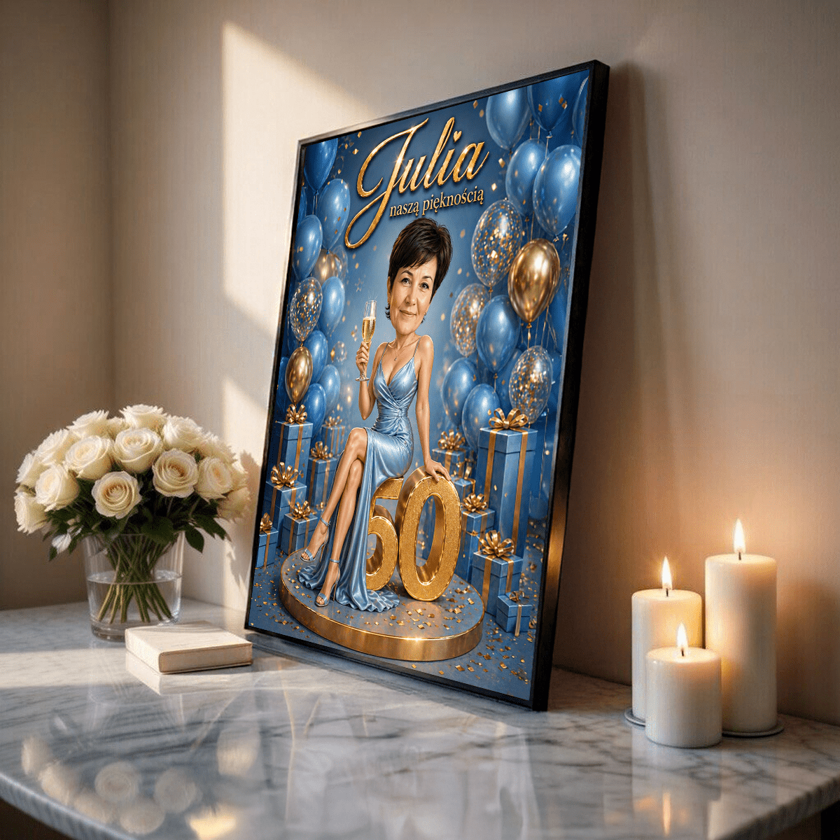 Karykatura na 50. urodziny - plakat, spersonalizowany prezent dla kobiety - idamell.com