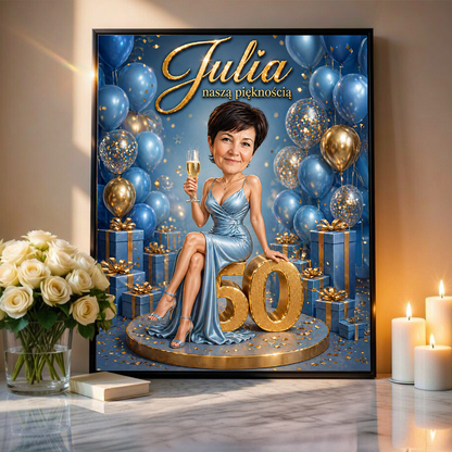 Karykatura na 50. urodziny - plakat, spersonalizowany prezent dla kobiety - idamell.com