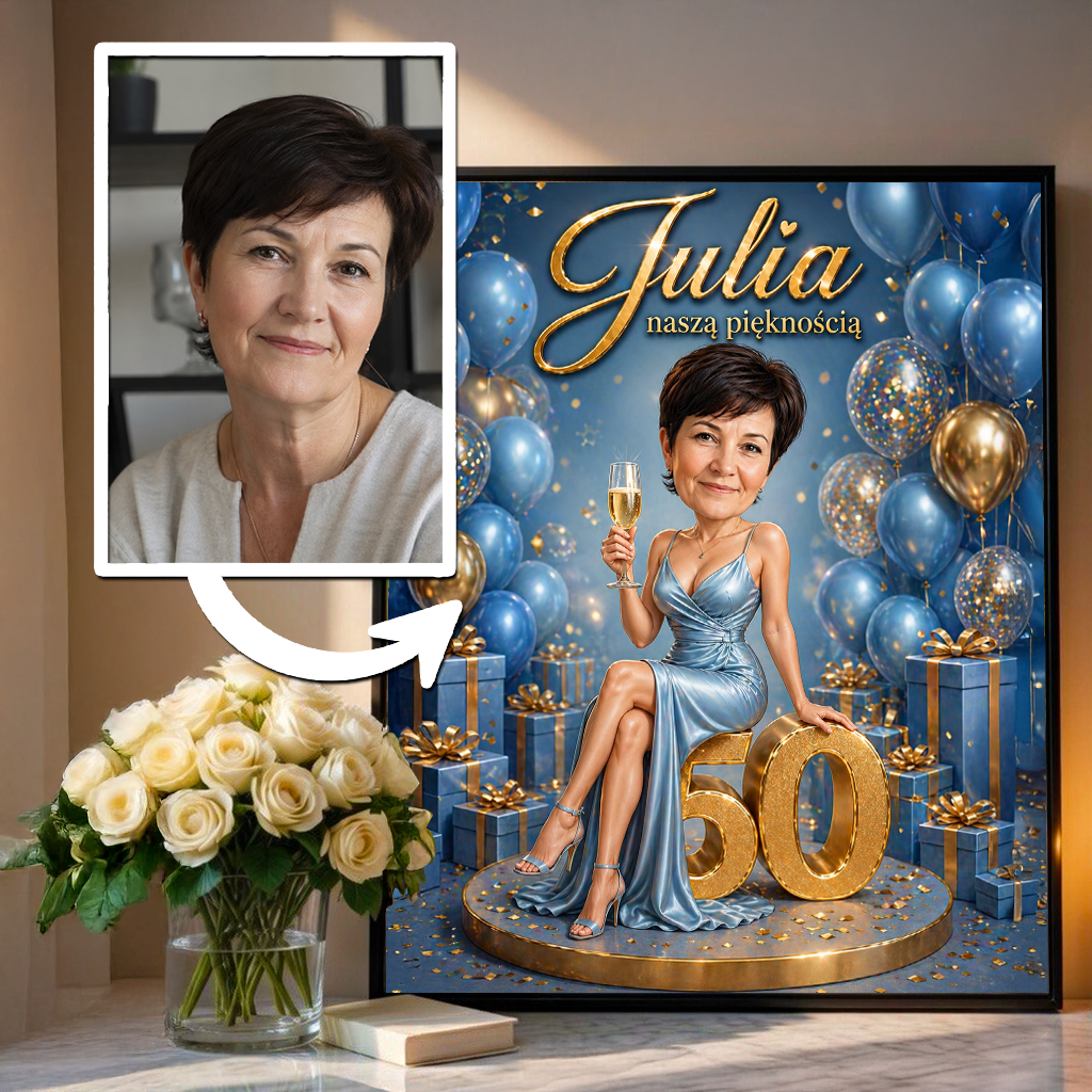 Karykatura na 50. urodziny - plakat, spersonalizowany prezent dla kobiety - idamell.com