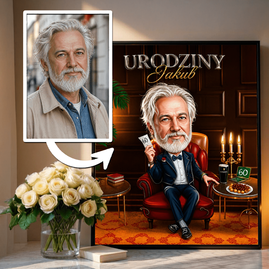 Karykatura na 60. urodziny - plakat, spersonalizowany prezent dla niego - idamell.com