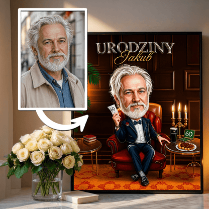 Karykatura na 60. urodziny - plakat, spersonalizowany prezent dla niego - idamell.com