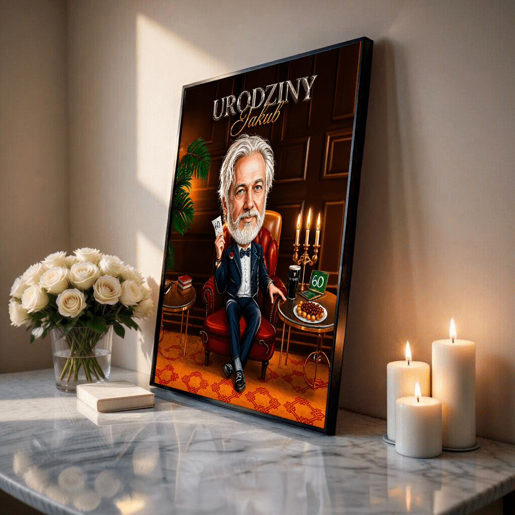 Karykatura na 60. urodziny - plakat, spersonalizowany prezent dla niego - idamell.com
