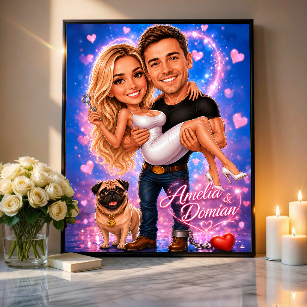 Karykatura na Walentynki - plakat, spersonalizowany prezent dla niego - idamell.com