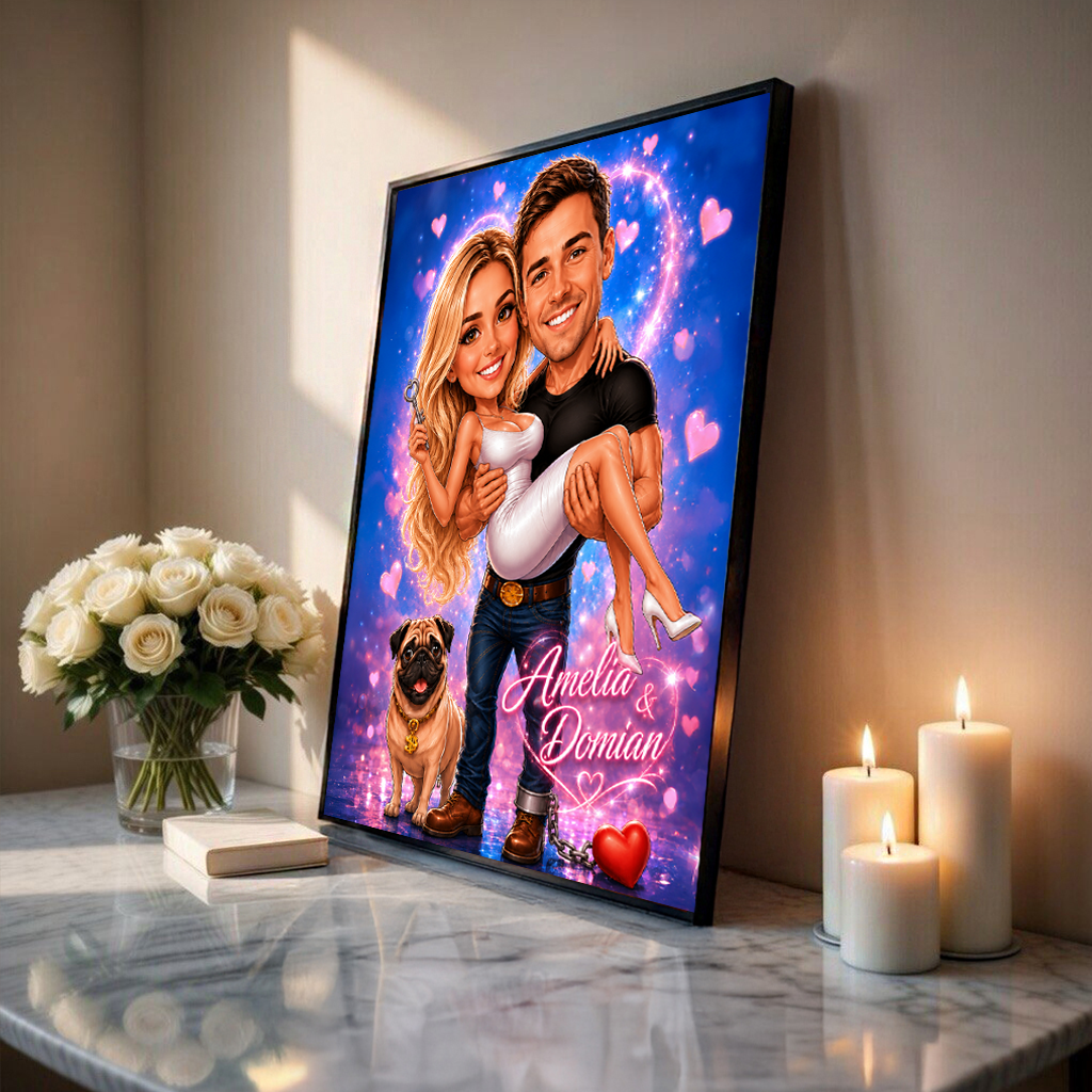 Karykatura na Walentynki - plakat, spersonalizowany prezent dla niego - idamell.com