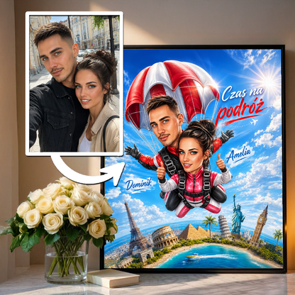 Karykatura podróżnika - plakat, spersonalizowany prezent dla podróżnika - idamell.com